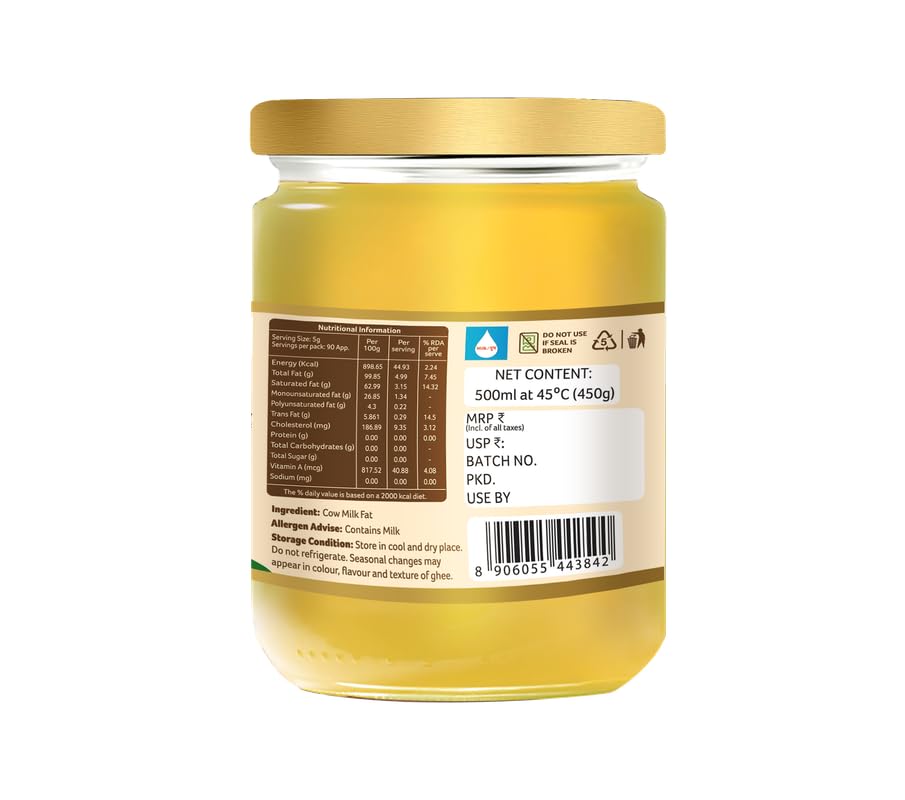 Organic A2 Cow Ghee By Organic Tattva | Rich In Nutrients & Healthy Desi Ghee Ideal For Cooking | (500ml) 16.9 Ounce | Jar Pack