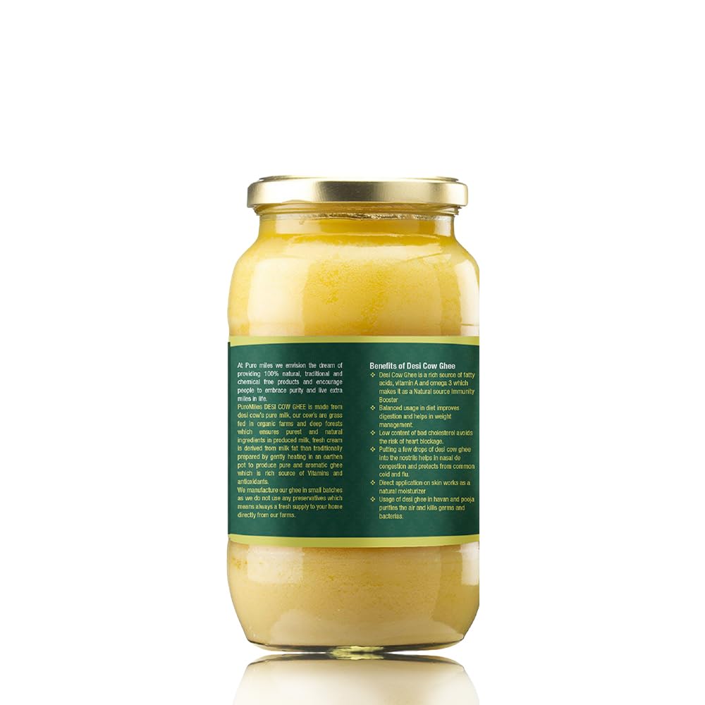 Pure Natural A2 Cow Desi Ghee By Puro Miles | Natural & Healthy Gir Cow Cultured Desi Ghee Perfect For Reduce Joint Pain | (1 Litr) 33.8 Ounce | Jar Pack
