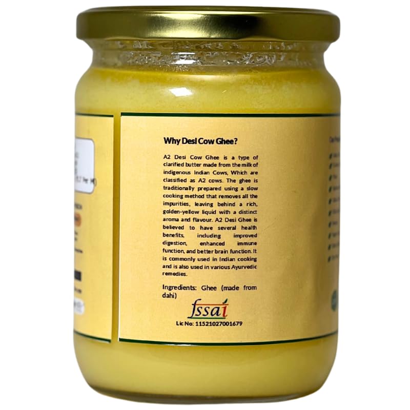 Organic Krishna A2 Desi Cow Ghee By Aadhyaa | Vedic Bilona Method Hand Churned Cultured Ghee Good For Boost Energy | (500ml) 16.9 Ounce | Jar Pack