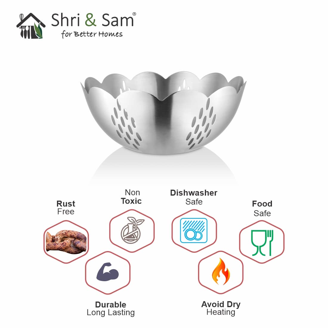 Silver Stainless Steel Nifty Solid Fruit Basket, 200ml | Easy To Clean & Dishwasher Safe