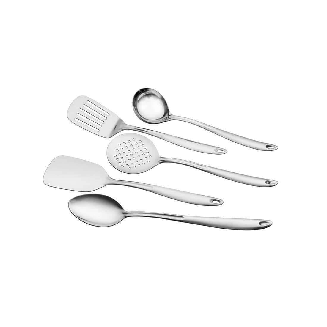 Ruby High Grade Stainless Steel Kitchen Tools Pack Of 5, Silver | 1 Basting Spoon Solid+ 1 Ladle+ 1 Turner Solid+ 1 Skimmer+ 1 Turner Slotted