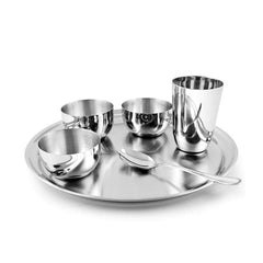 Stainless Steel Dinner Thali Set Of 6 Pieces, Silver | 1 Thali+ 3 Katoris+ 1 Glass+ 1 Dessert Spoon - Easy To Clean & Dishwasher Safe