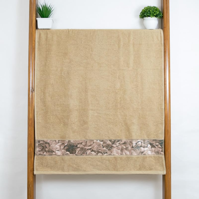 Rangoli 100% Cotton Fibre Bath Towels 450 Gsm | Highly Durable & Absorbent With Printed Border | Quick Drying Towels (Beige)
