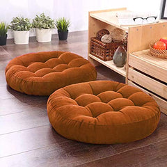 Round Velvet Floor Cushions Pillow For Living Room, Outdoor, Brown - 50 X 50 Cm | For Floor Cushions, Tatami Cushion, Patio Cushion, Balcony Cushion, Floor Seating, Soft Pillow - Pack Of 2