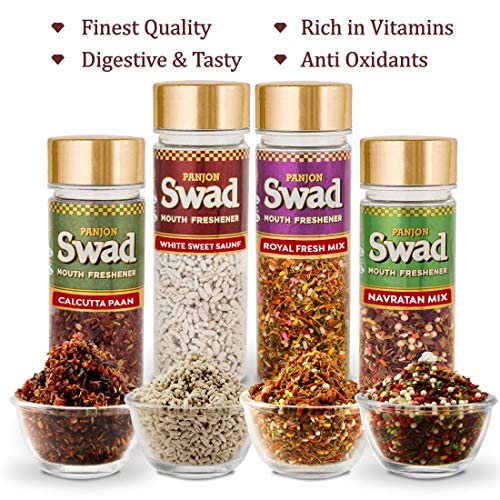 Panjon Swad Mouth Fresheners (White Sweet Saunf, Navratan Elaichi, Calcutta Paan & Royal Fresh Mukhwas) | 520gm, (130gm *4) Combo Pack