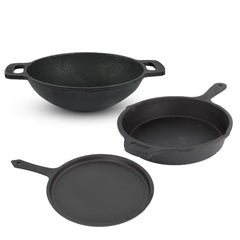 Pre-Seasoned Black Cast Iron Cookware Set - Tawa 25.7 Cm + Kadai 25.6 Cm, 2.4 Liters + Fry Pan 25 Cm, 1.6 Liters | Kitchen Cooking Combo Pots & Pans Set Of 3 Pcs - Naturally Nonstick