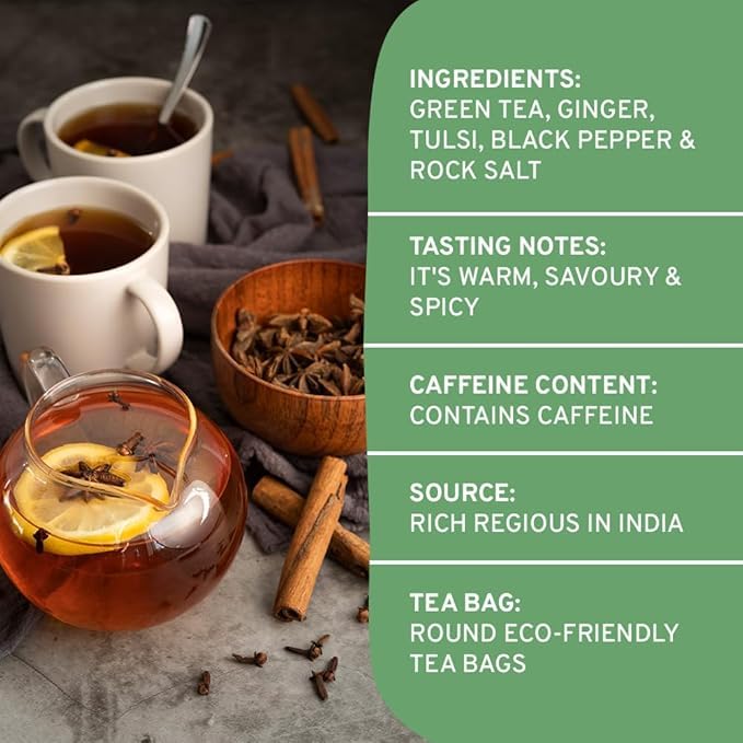 Handpick Vedic Detox Kahwa Green Tea With Rich Spice & Rocksalt - 100 Tea Bags | Blend Of 10 Real Ayurvedic Herbs - Tulsi, Ginger, Black Pepper, Clove, Nutmeg & Rock Salt | Medium Caffeine