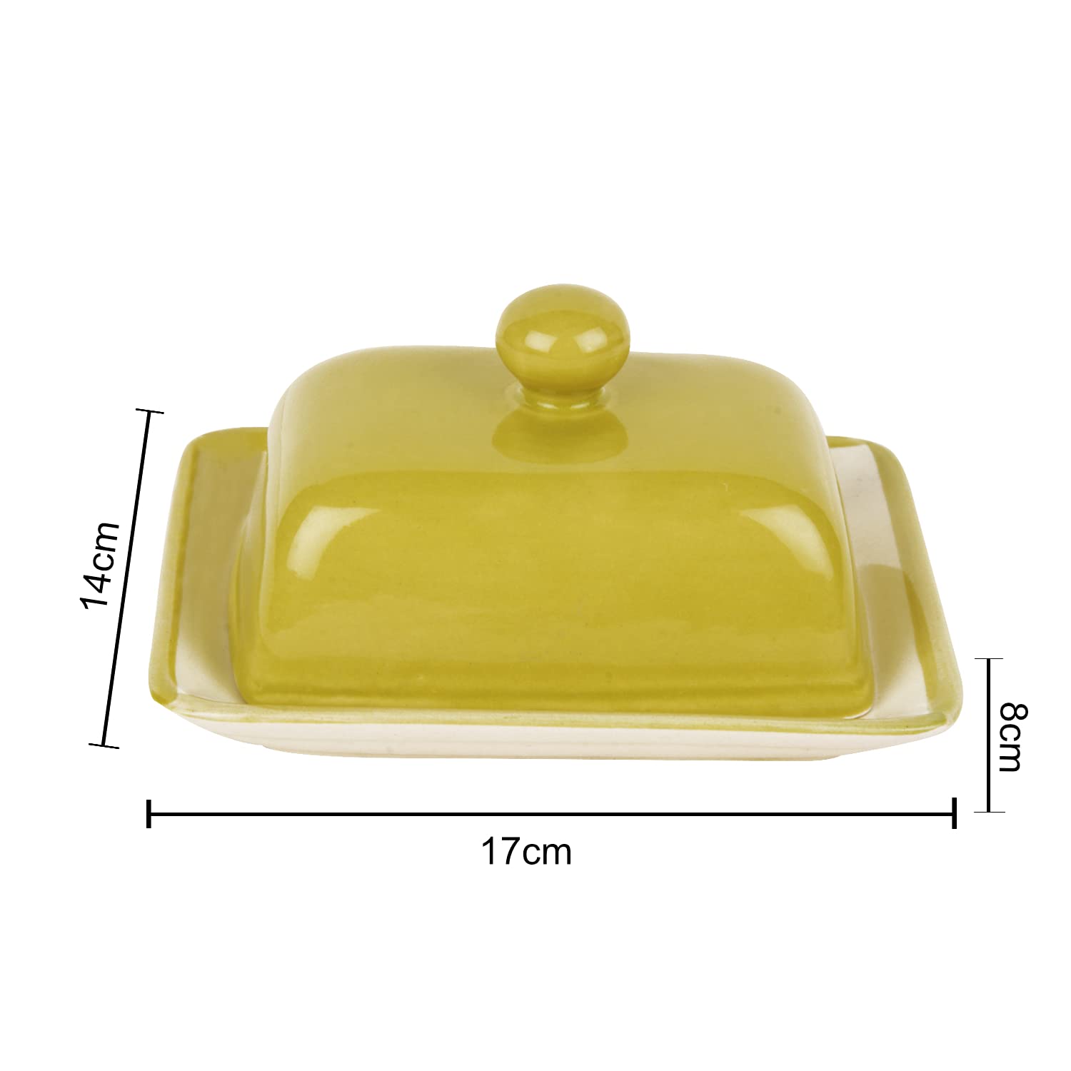 Glazed Ceramic Butter Dish With Lid - Lime Green, Height: 8 Cm | Butter Serving Set - Butter Container For 500 Gm