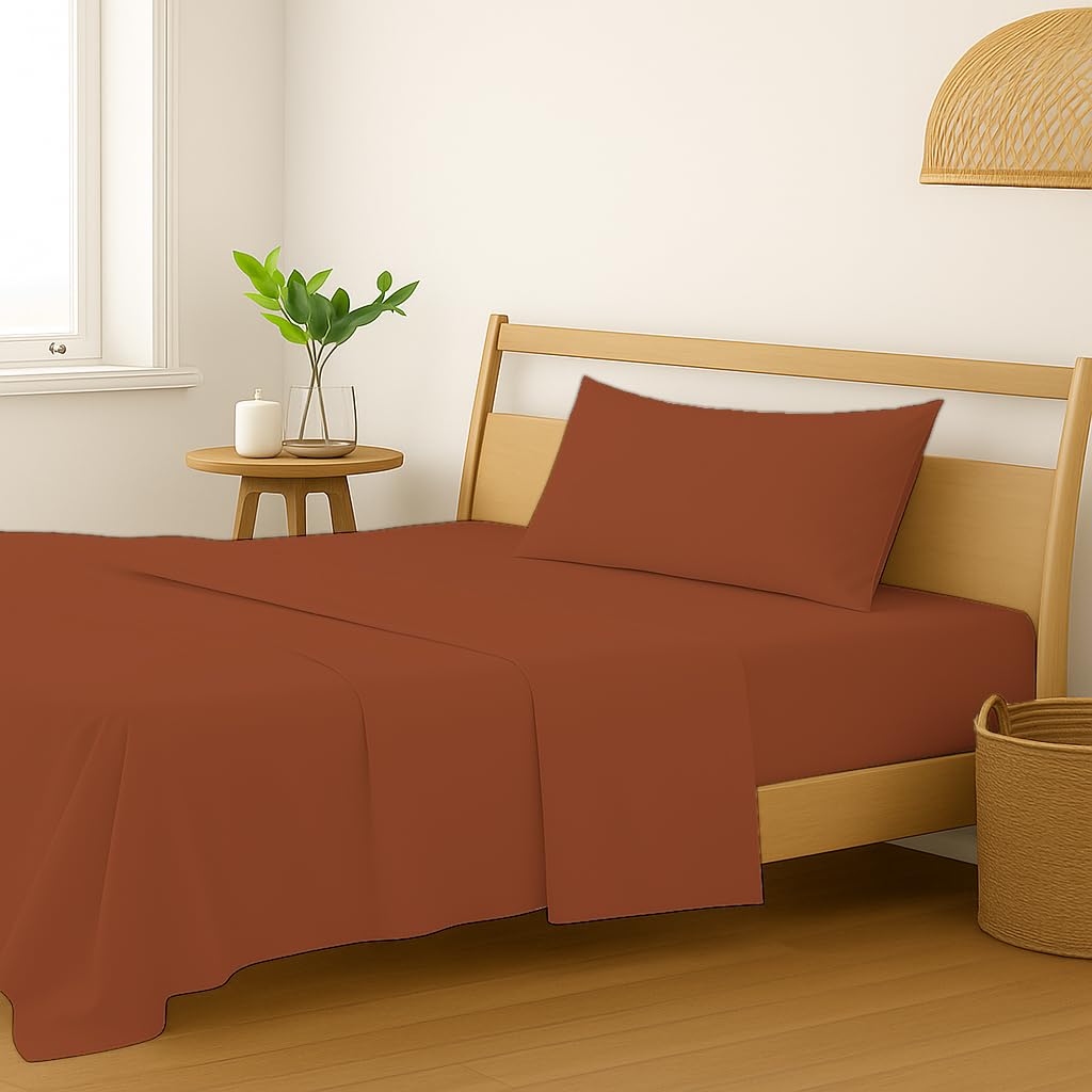 Plain Single Size Bedsheet With 1 Pillow Cover - 54 X 90 Inches, Burnt Orange | Breathable & Skin-Friendly - Suitable For Use All Year Long | Ideal Gift For Weddings