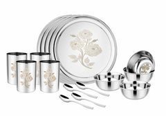 Silver Stainless Steel Floral Heavy Gauge Laser Design Dinner Set, 16 Pieces | 4 Pcs Full Plate+ 4 Pcs Curry Bowls Large+ 4 Pcs Glass+ 4 Pcs Desert Spoon