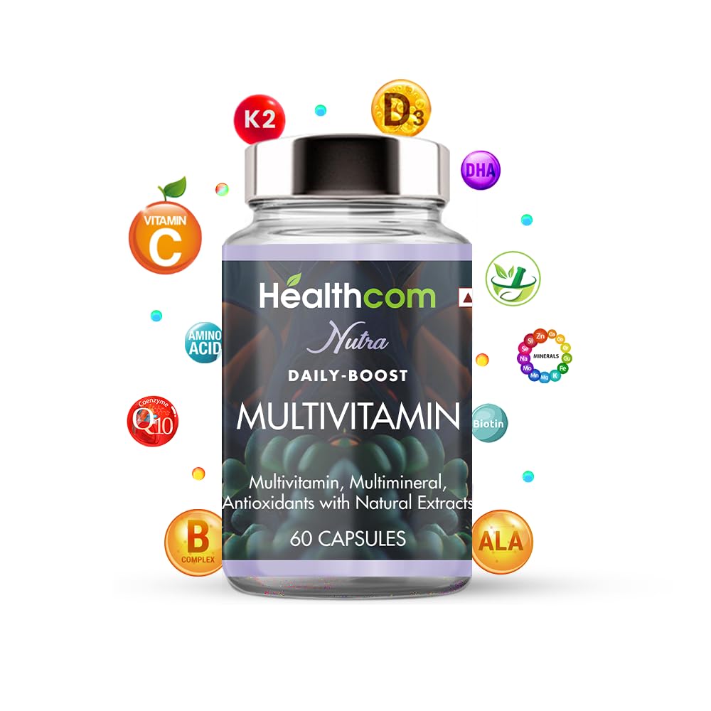 Healthcom Nutra Multivitamin & Minerals Supplement For Men & Women, Iron, Vitamin A, B5, B6, C, D, E & K & Multiminerals | Immunity, Hair, Skin, & Bone Support | 60 Capsules 100gm 0.2lbs