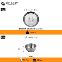Stainless Steel Laxmi & Ganesh Ji Pooja Thali Set Of 3, Silver | 1 Pooja Thali+ 2 Katoris - Easy To Clean & Dishwasher Safe