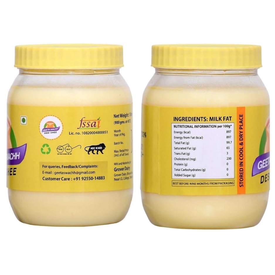 Organic Buffalo Desi Ghee By Geeta Swachh | Natural & Healthy Curd-Churned Desi Ghee Ideal For Cooking | (1 Litre) 33.8 Ounce | Jar Pack