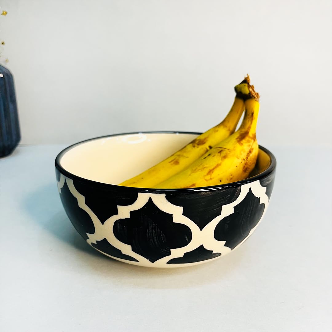 Black Moroccan Ceramic Serving Bowl Set Of 2 Pieces, 800ml Each | Hand Painted Large Dining Serving Bowls For Serving - Microwave Safe & Dishwasher Safe