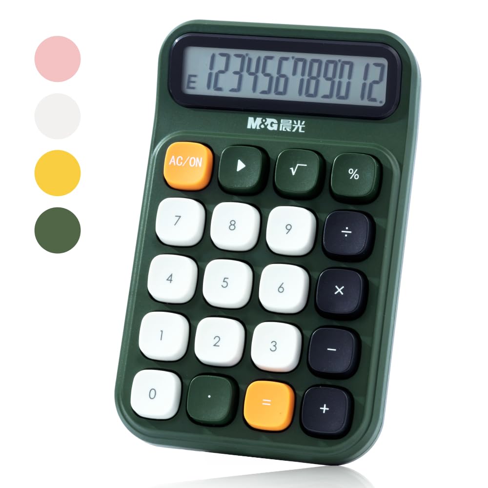 M&G Desk Calculator With Mechanical Buttons, 12 Digit Large LCD Display, Big Button Calculator For Office Home School, Bottom Antiskid, Battery Included (Green)