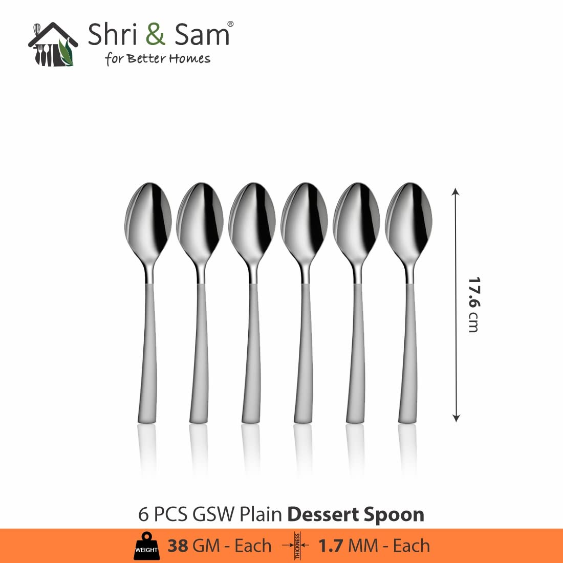 Stainless Steel GSW Plain Desert Spoon Set Of 6 Pieces, Silver | Rust Free & Dishwasher Friendly