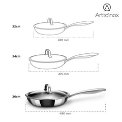 Stellar Stainless Steel Frypan With Lid - 26 Cm, 2.1 Liters | Rivet Less Handle - Induction & Gas Base, Etched Non Stick PTFE Fry Pan