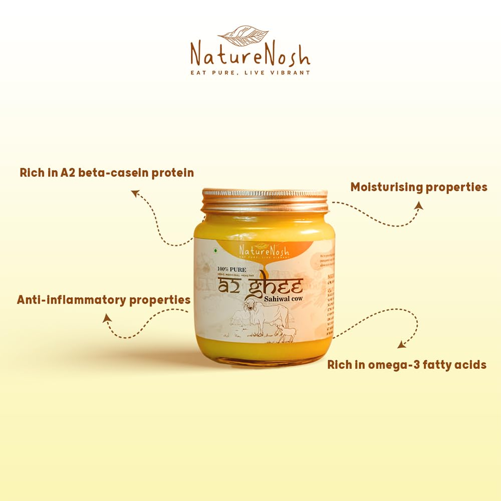 Pure Premium A2 Sahiwal Cow Desi Ghee By Nature Nosh | Natural & Healthy Vedic Bilona Method Curd Churned Cow Desi Ghee | (500ml) 16.9 Ounce | Jar Pack