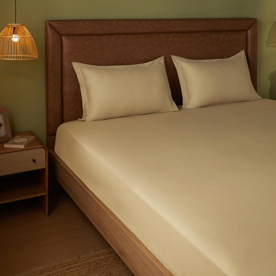 Plain Bedsheet For Double Bed King Size With 2 Pillow Covers - 72 X 78 Inches, Beige | All Around Elastic Fitted Sheet | 100% Cotton, Soft & Breathable - Collection