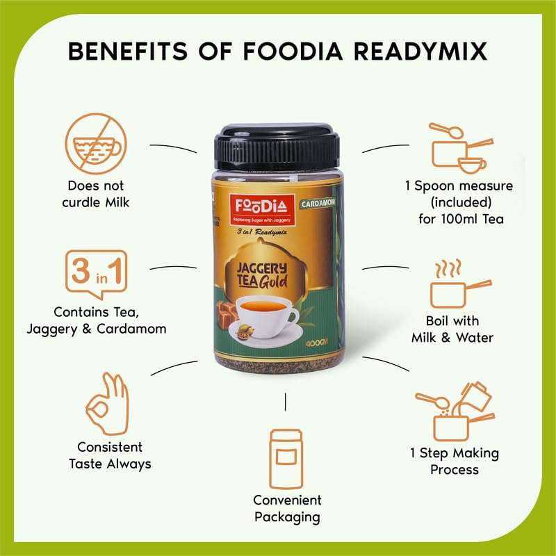 Foodia Gold Jaggery Cardamom Tea 3 In 1 Readymix - 400gm, 14.1 Ounce | Premium Tea Mix With Jaggery, Cardamom & Assam Tea - Elaichi Chai Mix, Cardamom Tea Mix | Low Caffeine
