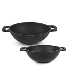 Pre-Seasoned Black Cast Iron Cookware Set - Kadai 20.5cm, 1.4 Liters + Kadai 25.6cm, 2.4 Liters | Kitchen Cooking Combo Pots & Pans Set Of 2 Pcs - Naturally Nonstick