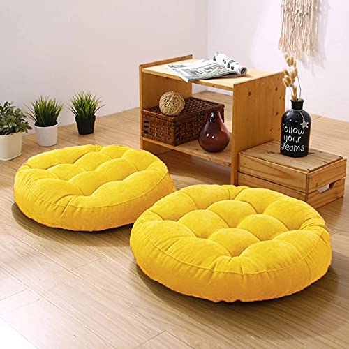 Polyester Round Velvet Floor Cushions Pillow For Living Room, Outdoor, Yellow - 50 X 50 Cm | For Floor Cushions, Tatami Cushion, Patio Cushion, Balcony Cushion, Floor Seating - Pack Of 2