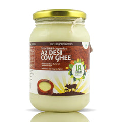 Organic A2 Desi Cow Ghee By 18 Herbs Organics Health With Herbs | Traditional Handmade Bilona Method Healthy Desi Cow Ghee For Boost Energy | (500ml) 16.9 Ounce | Jar Pack