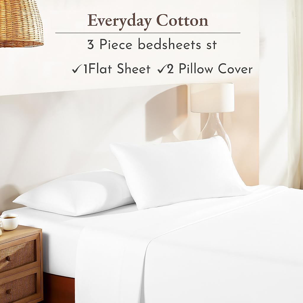 Double Bedsheet For King Size With 2 Pillow Covers - 108 X 108 Inches, White | Soft, Breathable & Skin-Friendly Bedding For Daily Use
