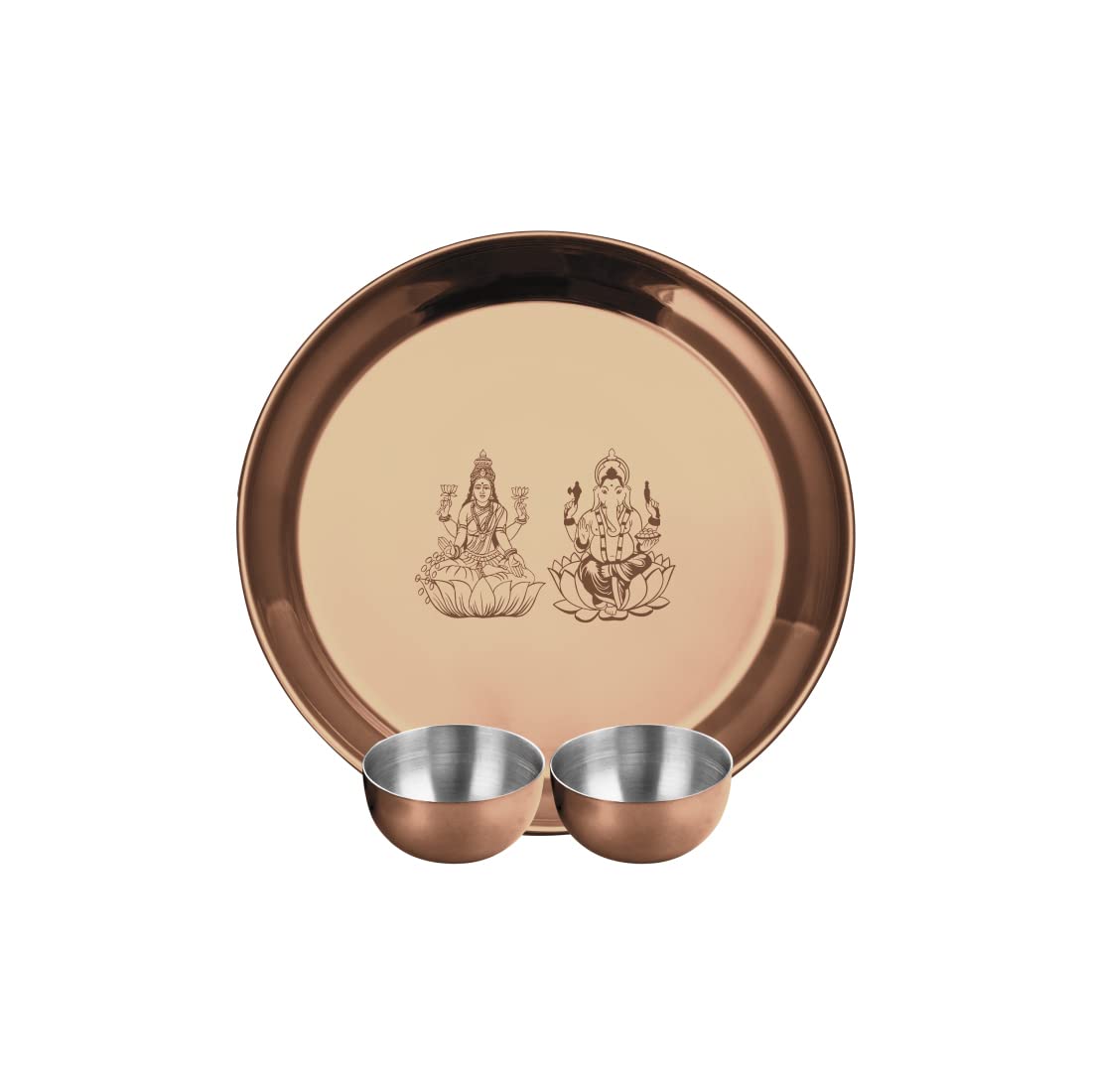 Stainless Steel Laxmi & Ganesh Ji Pooja Thali Set Of 3, Rose Gold PVD Coating | 1 Pooja Thali+ 2 Katoris - Easy To Clean & Dishwasher Safe