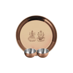 Stainless Steel Laxmi & Ganesh Ji Pooja Thali Set Of 3, Rose Gold PVD Coating | 1 Pooja Thali+ 2 Katoris - Easy To Clean & Dishwasher Safe