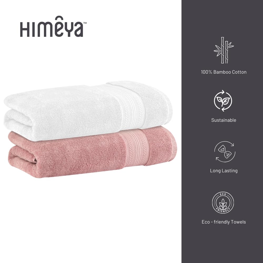 Himeya Bamboo Bath Towel 1200 Gsm | Ultra Absorbent 3x Softer Than Cotton Towels | Pack Of 2 - Butter Pink & White