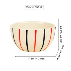 Studio Pottery Ceramic Striped Dinner Bowls Set Of 4 - 350ml Each, Off White & Multicolor | Ceramic Bowls For Curries Or Lentils - Ceramic Katoris