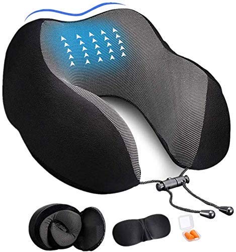Travel Pillow Premium Memory Foam, Comfortable & Supportive Neck Pillow, Black & Grey | Pain Relief Sleeping Neck Pillows For Travel, Airplane Pillow For Sleeping, Car, Office & Home