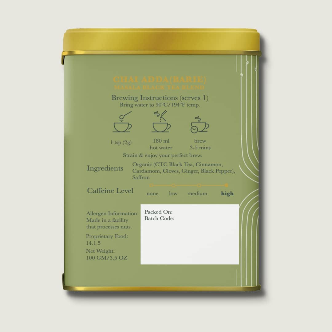 Luxmi Estates Chai Adda Barie Black Tea Pack Of 2 - 100gm Tin, 3.5 Ounce Each | USDA Certified Organic Masala Black Tea Blend - Indian Spice Chai Enriched With Cinnamon & Cardamom