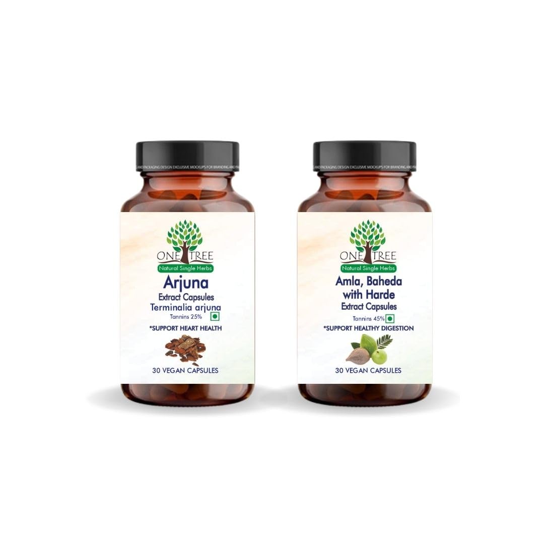 One Tree By Herbal Homes Arjuna 500mg Extract Vegan Capsule & Amla, Baheda With Haritaki , Helps Alleviate Symptoms Of Constipation & Gastric Issues | 30 Vegan Capsule 50gm 0.1lbs Each Pack Of 2