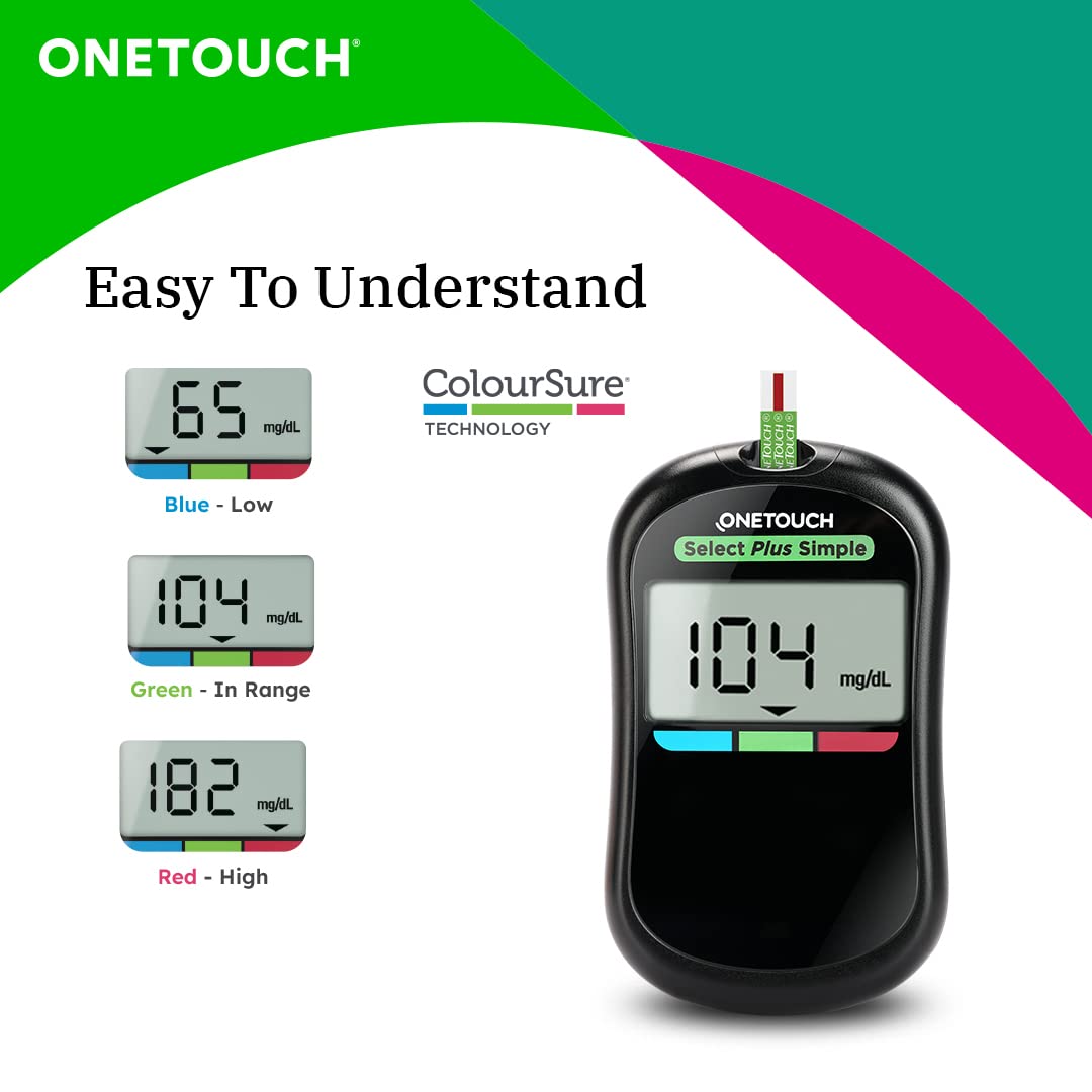 OneTouch Select Plus Simple Glucometer Machine | Simple & Accurate Testing Of Blood Sugar Levels At Home - Global Iconic Brand | Free 10 Test Strips + 10 Sterile Lancets + 1 Lancing Device