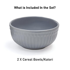 Ceramic “Strip” Handcrafted Multipurpose Serving Bowl Katoris Set Of 2 - 450ml Each, Grey | Cereal Bowl, Soup Bowl, Salad Bowl - Dishwasher & Microwave Safe