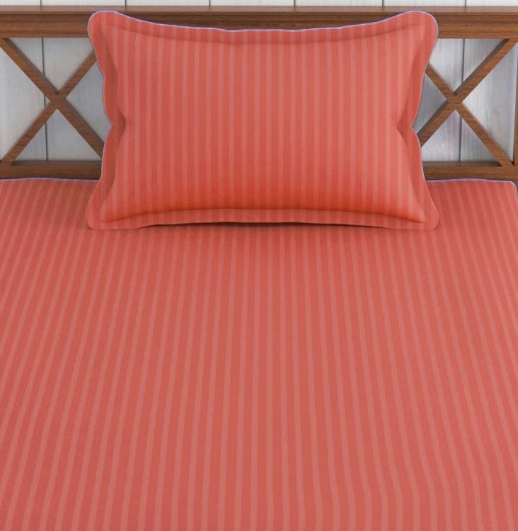 Elastic Fitted Cotton Single Bedsheet With One Matching Pillow Covers - 36 X 75 Inches, ?Orange Peach | Soft Touch, Comfortable & Breathable