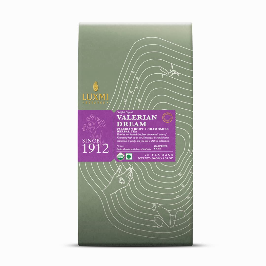 Luxmi Estates Valerian Dream + Astounding Ashwagandha Herbal Tea Pack Of 2 - 50gm, 1.7 Ounce, 25 Tea Bags Each | USDA Certified Organic Tea - De-Stress, Evening Time, Comforting Teas