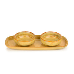 Beautiful Reflective Glaze Ceramic Dip Bowls Set Of 2 With Tray - Beige | Mini Bowls With Dash Tray - Ketchup Bowls