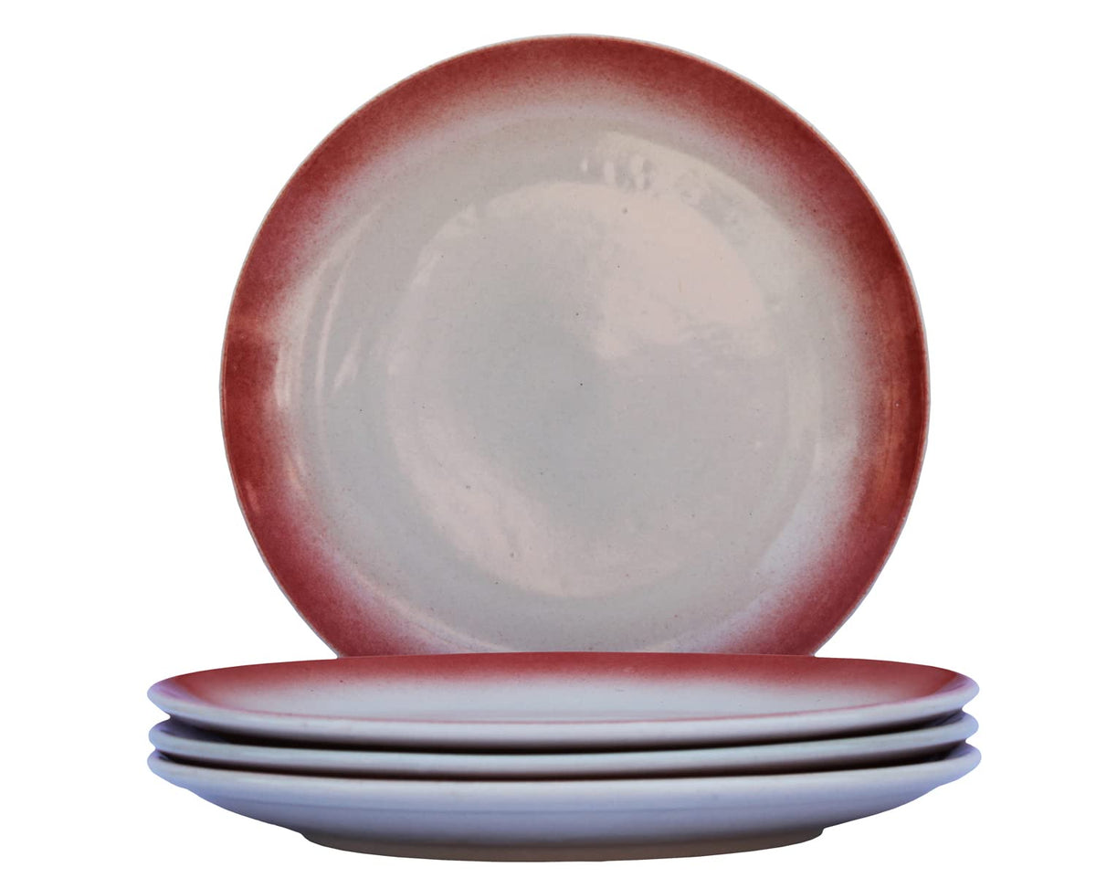 Ceramic Stoneware Serving Large Dinner Plates Set Of 4 - 10.6 Inch, Off White & Red | Scratch Resistant, Microwave Safe & Dishwasher Safe - Handcrafted Dinner Plates