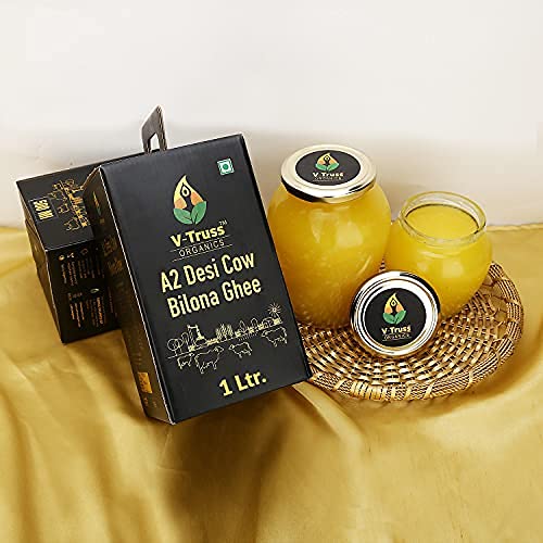 Premium A2 Pure Desi Cow Bilona Ghee By V - Truss Organics | Traditional Vedic Bilona Method Healthy Desi Cow Ghee Perfect For Boost Immunity | (1 Litre) 33.8 Ounce | Jar Pack