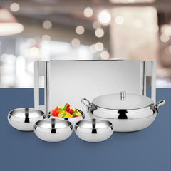 Stainless Steel Farm House Serving Set, Silver | 1 Big Serving Bowl With Lid, 1000ml + 4 Small Bowls+ 1 Tray