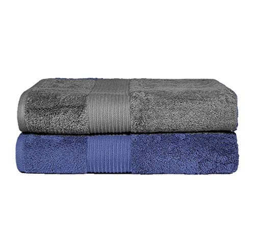 Fresh From Loom Luxury Edition Egyptian 100% Pure Cotton Bath Towel 1200 Gsm | High Water Heavy Soft Dual Stitched Bath Towel (Blue & Grey) - 2 Pcs