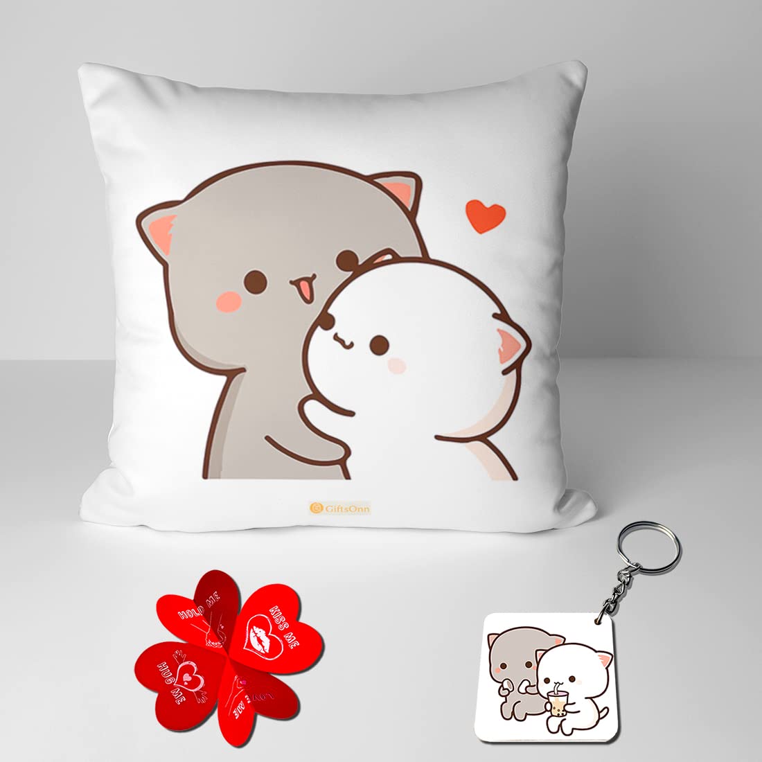 Peach & Goma Mochi Cat Pillow Cushion, Keychain With Card, White Color | Peach Goma Pillow, For Boyfriend, Valentines Gift For Girlfriend, Valentine Pillow For Couple, Model No - Combo 23