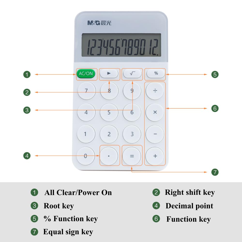 M&G Calculator Mini Pocket Desktop Calculator, 12 Digit Large LCD Display, For Business Office Home School, Battery Included (White)
