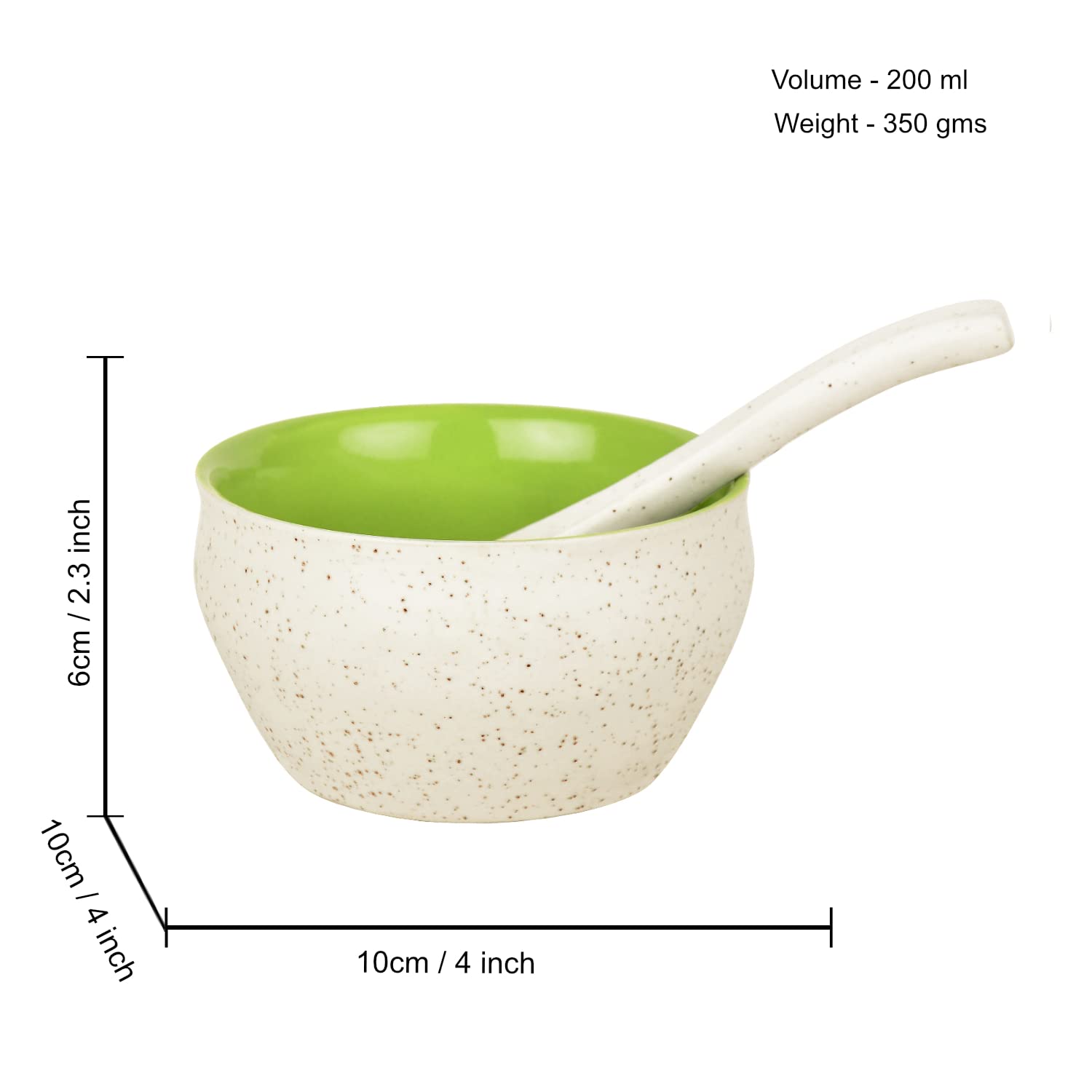 Ceramic Matt Finish Soup Bowls With Spoon Set Of 6 - 200ml Each, White & Multicolor | Ceramic Maggi Bowls - Cereal Bowls