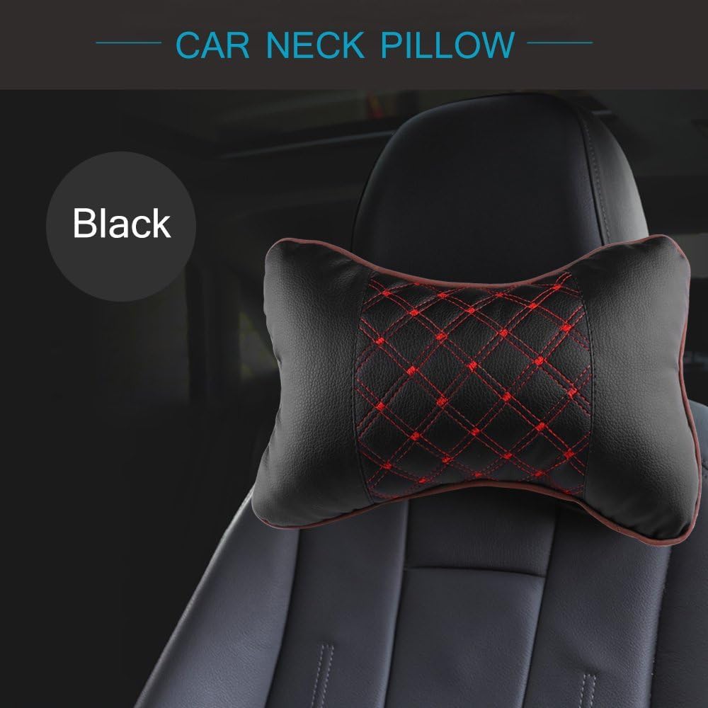 Faux Leather Car Neck Rest Pillow, Pillow Compatible With All Cars - Black & Red | Neck & Head While Driving Pillow For Neck Pain Relief | Light Weight, Adjustable - Pack Of 2