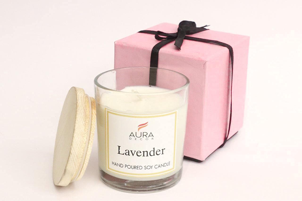 LAVENDER FRAGRANCE SOY WAX GLASS CANDLE WITH WOODEN LID & COMES PERFECT GIFT BOX