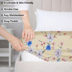 Cotton Elastic Fitted Bedsheets With 2 King Size Pillow Covers | 72 X 78 Inches, Cream & Blue - Double Bed Wrinkle Free With All Around Elastic 220 Thread Count Super Soft